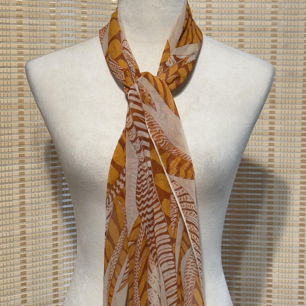 Anne Klein Silk? Scarf Long Slim Rectangle Lightweight Orange Leaves Feathers